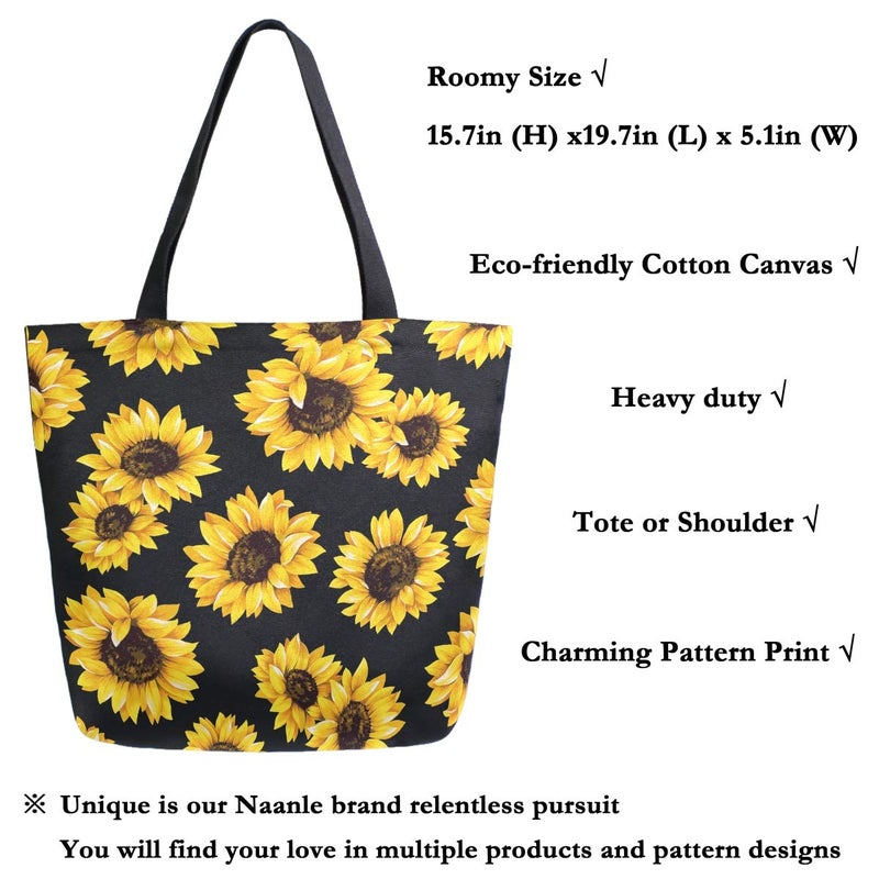 Naanle Sunflower Canvas Tote Bag Large Women Casual Shoulder Bag Handbag, Watercolor Sunflower Reusable Multipurpose Heavy Duty Shopping Grocery Cotton Bag for Outdoors. - Image 2